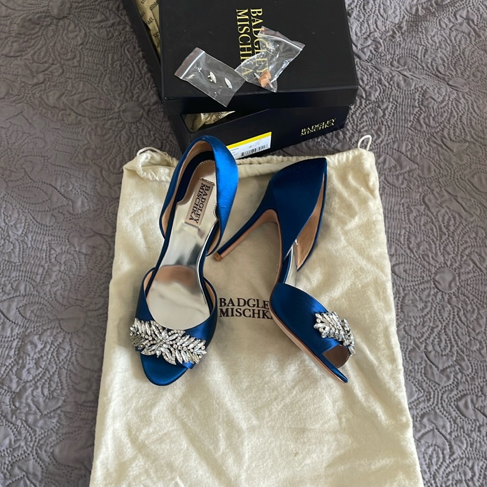 Badgley Mishka blue satin and crystal heels